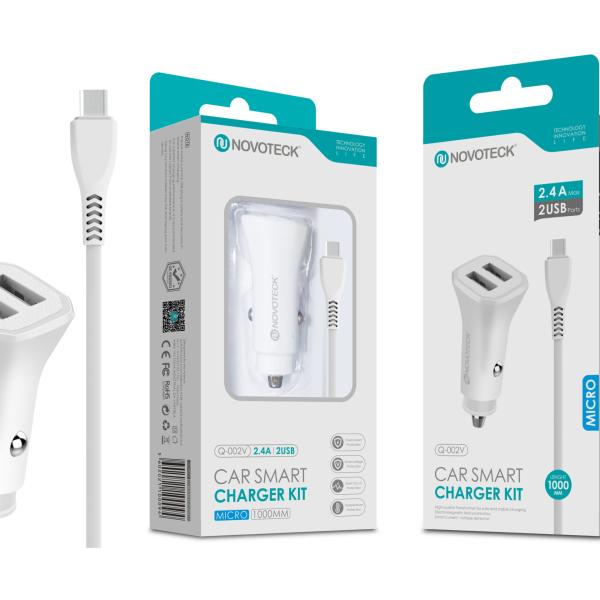 Kit Carregador Automóvel Inteligente 2.4A 2 USB Branco com Cabo Micro Q - 002V