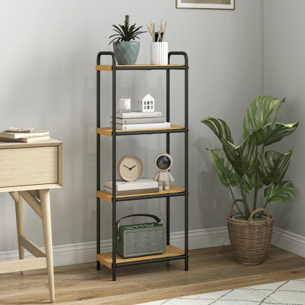 Estante de Casa de Banho de Bambu de 3 Níveis Estante de Armazenamento com 3 Prateleiras Ripas e Estrutura de Aço 41,5x21,5x106 cm Madeira e Preto