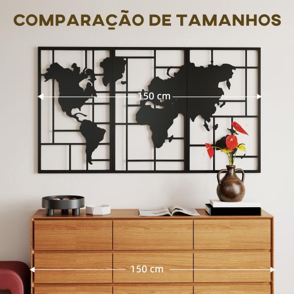 Decoração de Parede em Metal com Mapa Múndi Conjunto de 3 Peças Quadros de Parede Metálicos Preto