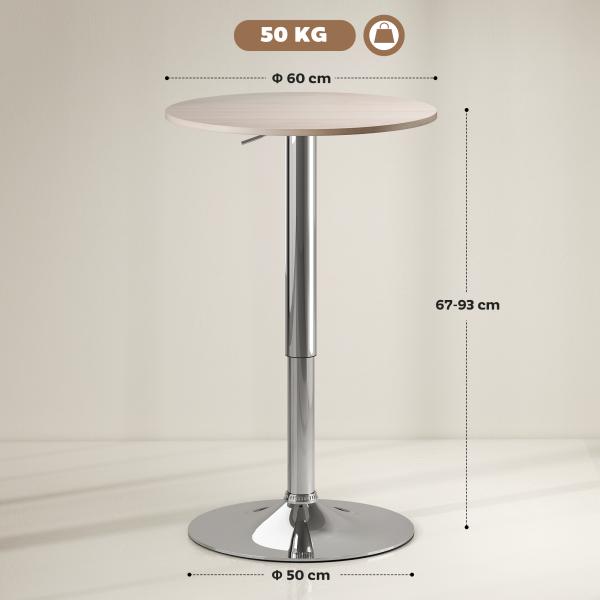 Mesa de Bar com Altura Ajustável Giratória 360° com Base Redonda Mesa Alta Moderna para Cozinha Ø60x67 - 93 cm Madeira