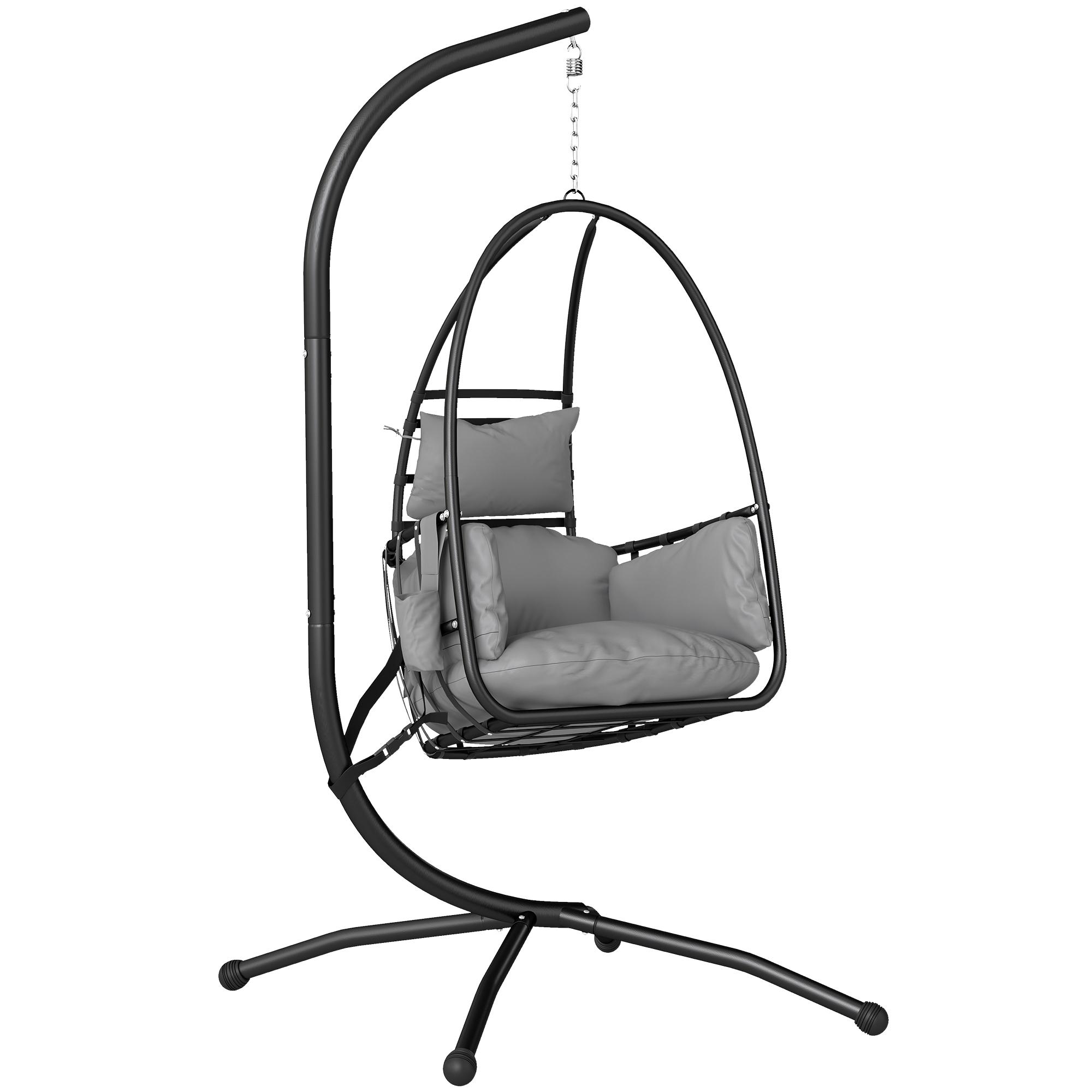 Cadeira Suspensa Tipo Ovo com Suporte Cesto Dobrável Apoio de Cabeça Almofada Bolso Lateral Capacidade 120 kg Cinzento Escuro