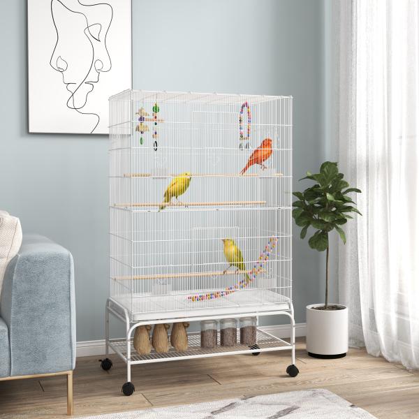 Gaiola para Pássaros com Rodas com 4 Comedouros 3 Poleiros Brinquedos Bandeja Amovível e Prateleira 79x49x133 cm Branco