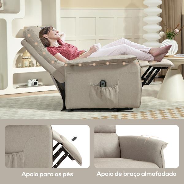 Poltrona Relax Reclinável Elétrica Poltrona Levanta Pessoas com Controlo Remoto e Bolso Lateral 66x90x96 cm Bege