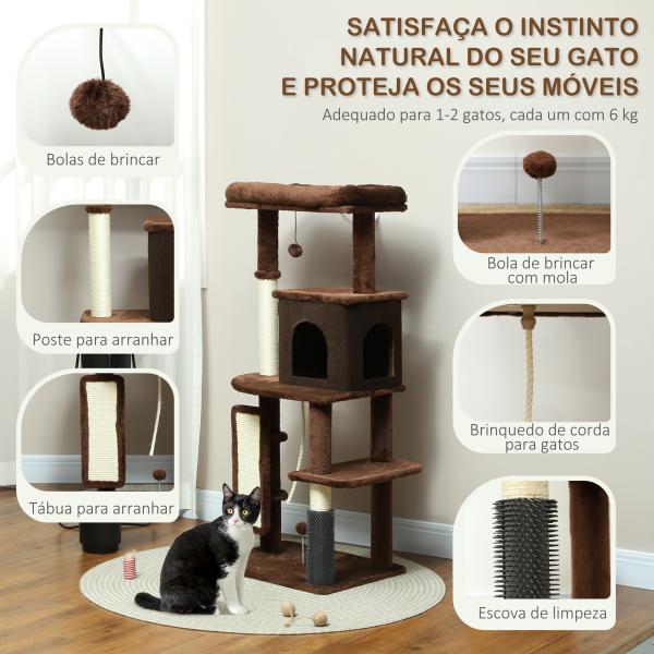 Arranhador para Gatos Grande Altura 132 cm com Plataformas Postes com Escova Bolas Suspensas e Almofadas para Arranhar Marrom
