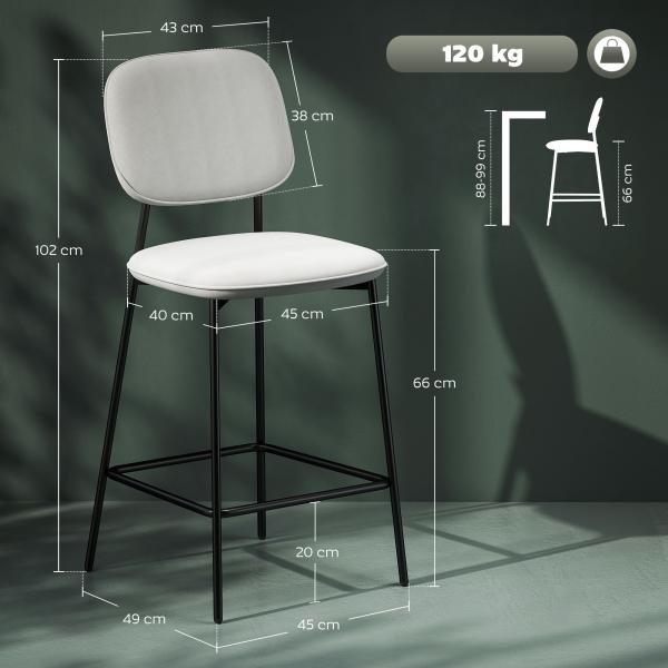 Conjunto de 2 Bancos de Bar Bancos Altos de Cozinha com Apoio para os Pés Estofados em Veludo 45x49x102 cm Cinza Claro