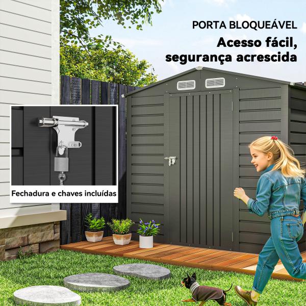 Abrigo de Jardim 2,27 m² 190x131x188 cm com 2 Ventilações Porta com Fechadura para Armazenamento de Ferramentas Cinza