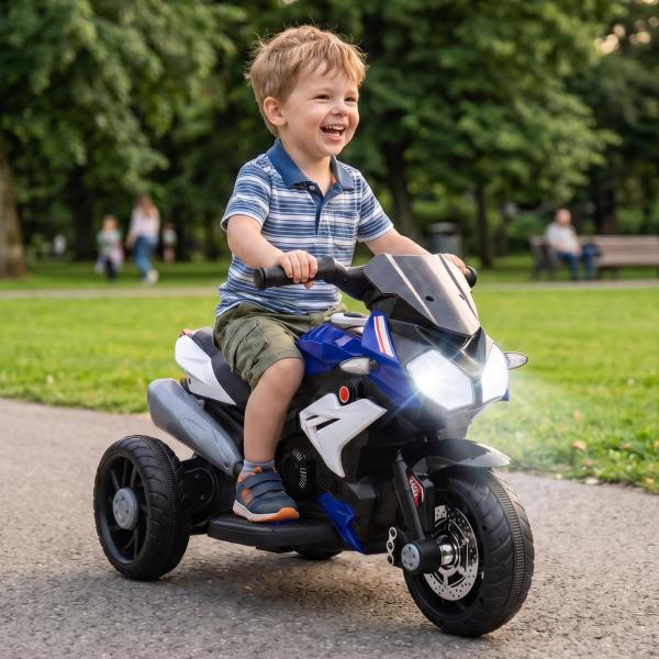 Moto Elétrica Infantil 6V com 3 Rodas Música Buzina e Faróis para Passeio de Crianças Azul 86x42x52 cm