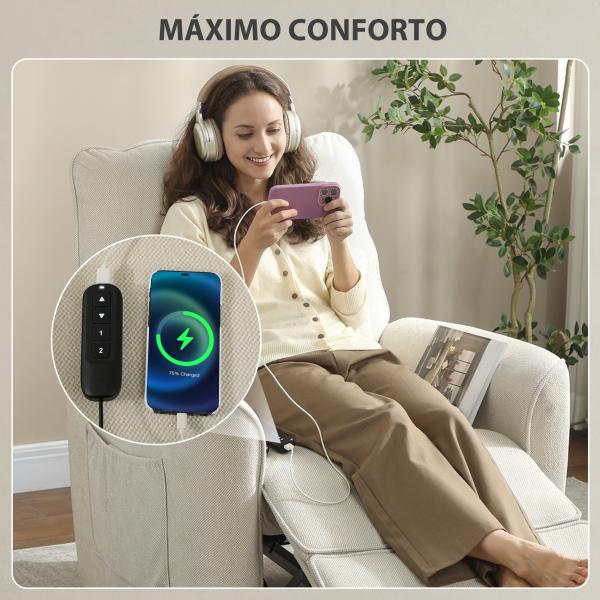 Poltrona Relax com Aquecimento Lombar e Massagem por Vibração Poltrona Reclinável com Função de Memória 88x93x102 cm Creme