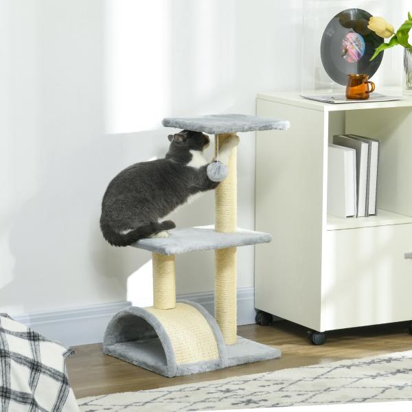 Arranhador para Gatos Médio de 3 Níveis com Postes de Sisal Placa para Arranhar e Bola Suspensa 40x35x72 cm Cinza