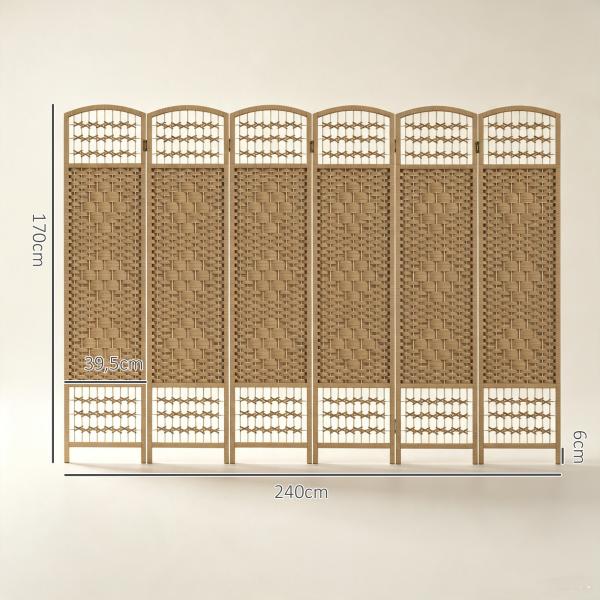 Biombo de 6 Painéis Separador de Ambientes 240x170 cm Divisor de Habitação Dobrável de Corda de Papel Madeira