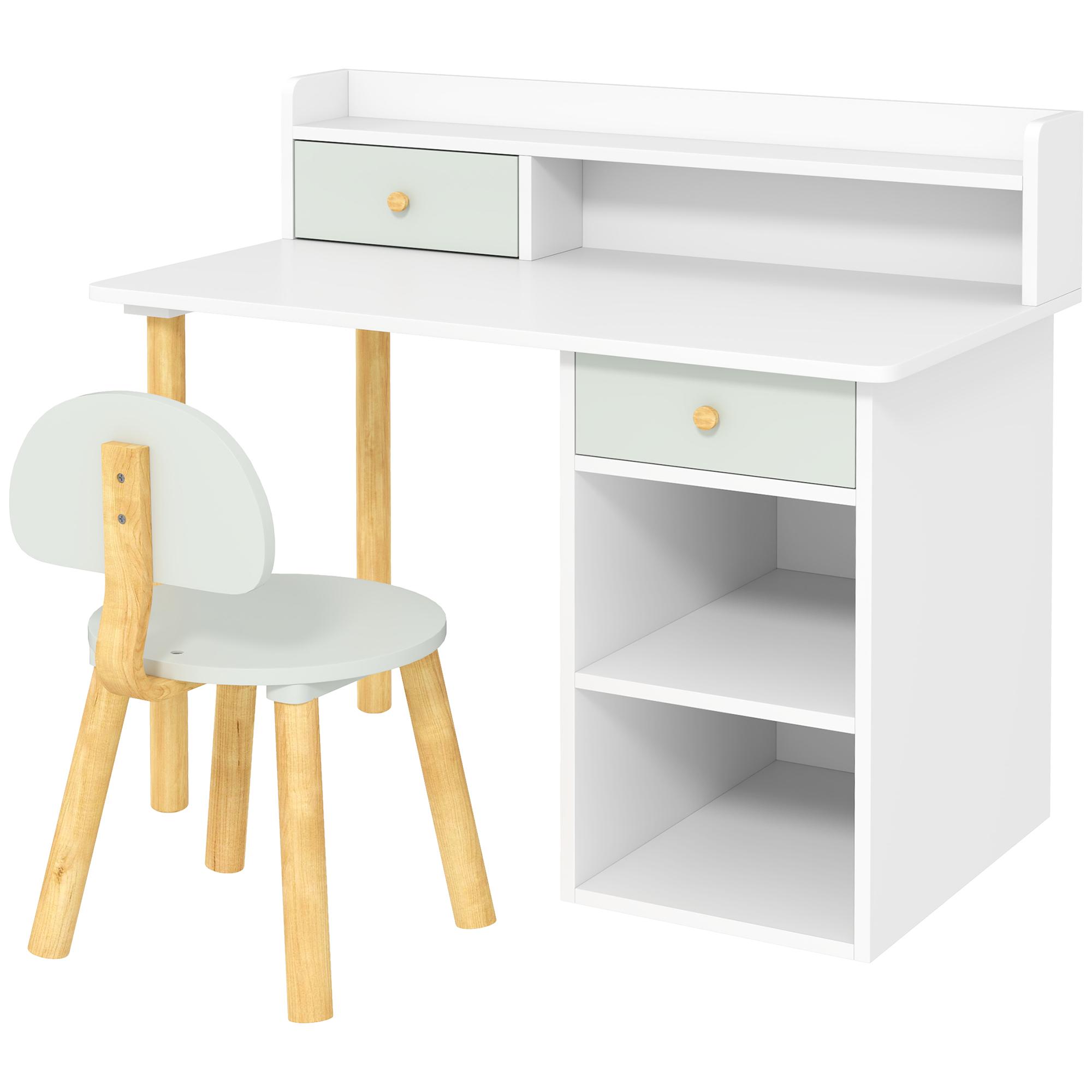 Conjunto de Secretária e Cadeira para Crianças Mesa de Estudo com Prateleiras e Gaveta Carga 80 kg 85x48x73 cm Verde