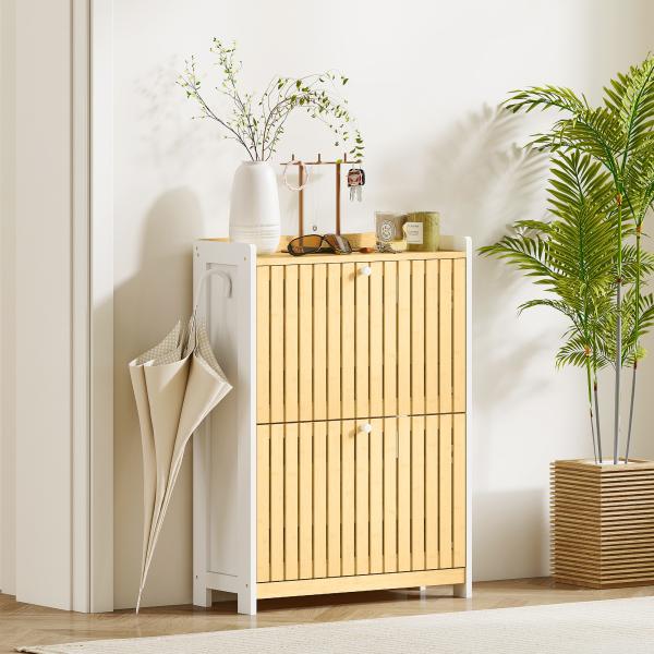 Sapateira Estreita com 2 Portas de Bambu Prateleiras Ajustáveis para 12 Pares de Sapatos 60x24x82,5 cm Branco e Madeira
