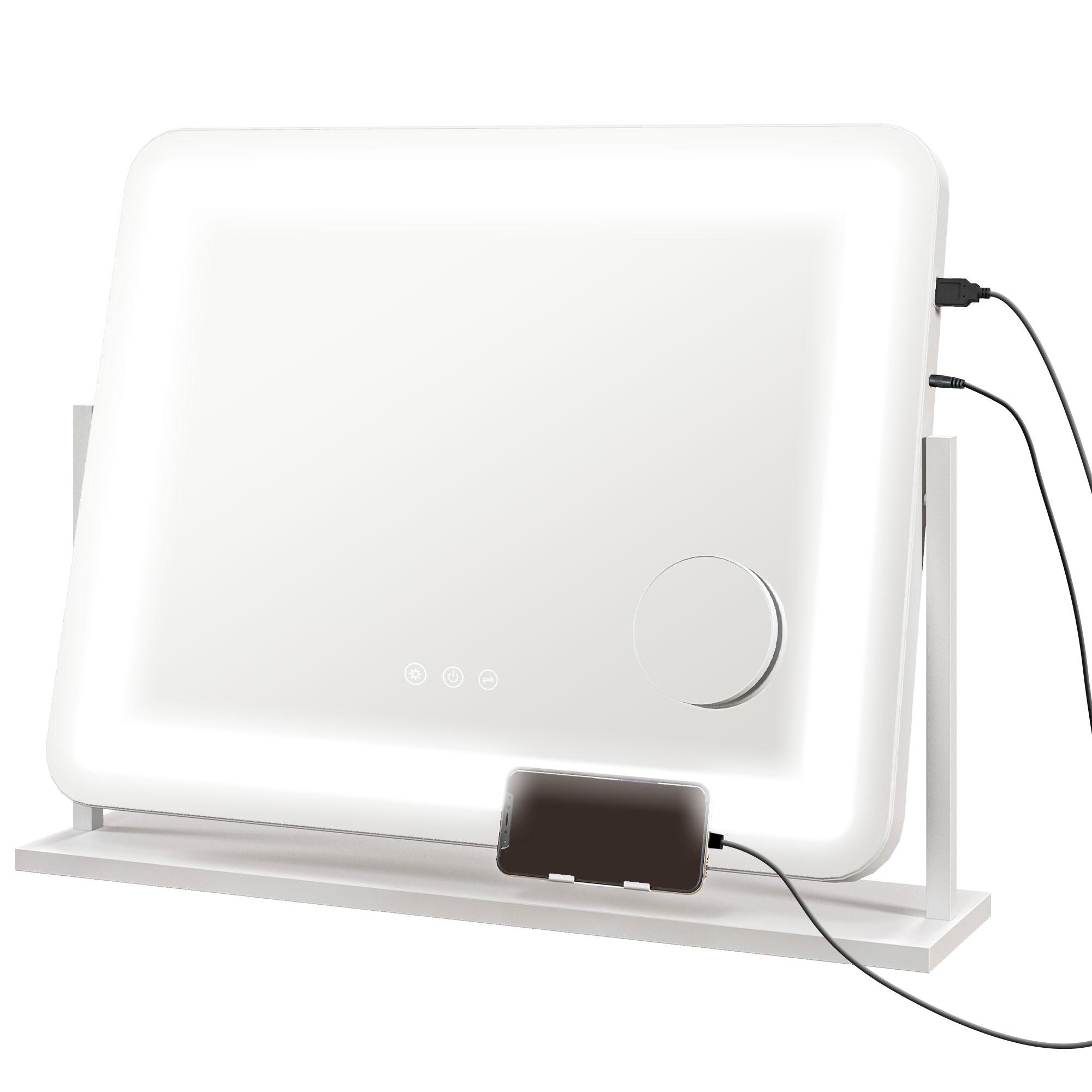 Espelho de Maquilhagem com Luzes 3 Modos de Iluminação Suporte para Telemóvel e Entrada USB 62,5x14x49,5 cm Branco