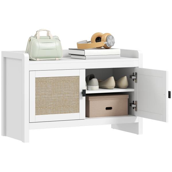 Banco Sapateira com Portas Frentes de Vime Prateleira para 8 Pares de Sapatos para Entrada Dormitório 80x35x52 cm Branco
