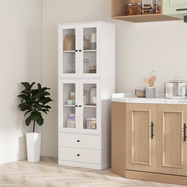 Armário de Cozinha Alto Móvel Auxiliar de Cozinha com 4 Portas de Vidro 2 Gavetas Prateleiras Ajustáveis 59x30x170 cm, Branco