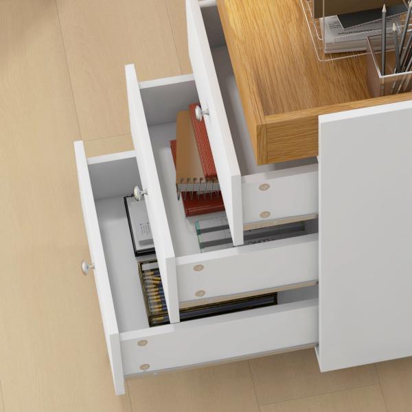 Bloco de Gavetas para Escritório com 4 Rodas 3 Gavetas e 1 Bandeja Amovível Carga 30 kg 43x40x66,5 cm Branco e Natural