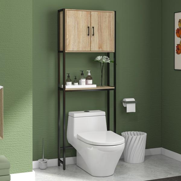 Móvel sobre Sanita com 2 Portas Prateleira Ajustável Prateleira Aberta Estante de Casa de Banho 64x19x178 cm Madeira