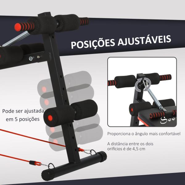 Banco de Abdominais Dobrável Ajustável em Altura com Cordas Elásticas 137x51x50 - 66 cm Preto e Vermelho