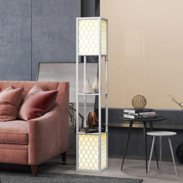 Candeeiro de Pé de Madeira com Estantes Lâmpada E27 Máx. 40W com Interruptor 26x26x156 cm Branco