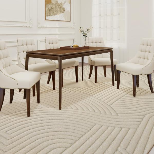 Tapete Sala de Estar 160x120 cm Tapete Pelo Curto Estilo Moderno Base Antiderrapante Tecida à Máquina Creme