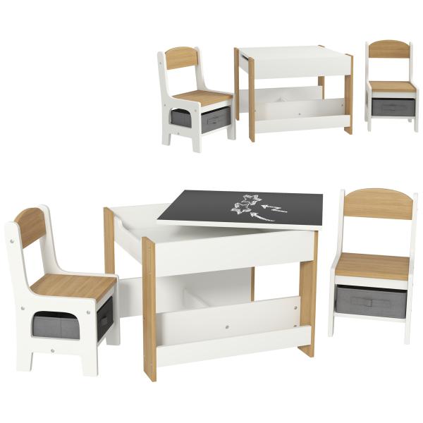 Mesas e Cadeiras Infantis Conjunto 2 em 1 com Armazenamento Mesa 61,5x61,5x48 cm Cadeiras 28,5x30,5x53 cm para Quarto Dormitório Cinza