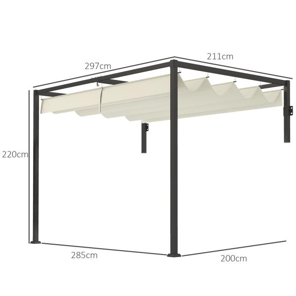 Pérgola de Parede 297x211x220 cm Pérgola de Jardim com Teto Retrátil e Estrutura de Aço Pérgola Creme