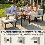 Conjunto de Jardim Exterior de 6 Peças com Sofá de 2 Lugares, Módulo de Canto, 2 Assentos, Apoio para Pés e Mesa de Vidro, Cinzento Claro