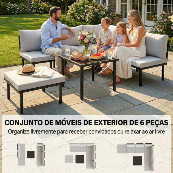Conjunto de Jardim Exterior de 6 Peças com Sofá de 2 Lugares, Módulo de Canto, 2 Assentos, Apoio para Pés e Mesa de Vidro, Cinzento Claro