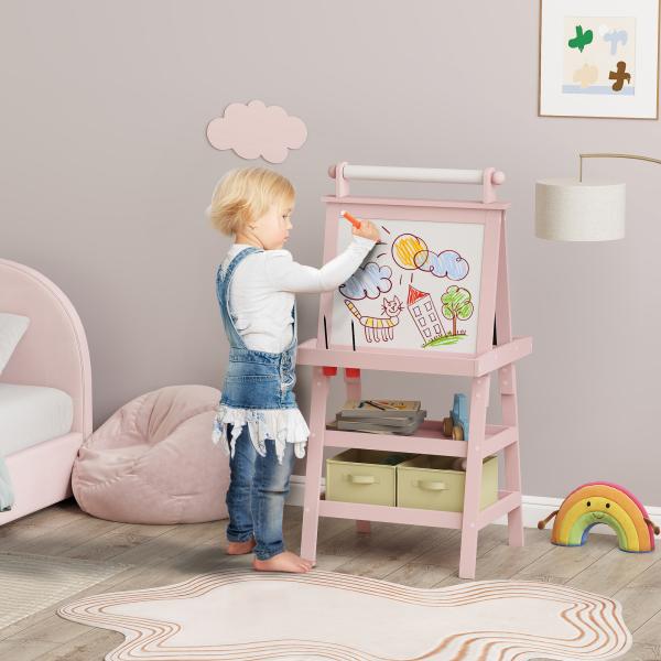 Cavalete de Pintura Infantil 3 em 1 Quadro Dupla Face com Rolo de Papel e Cestos de Arrumação Rosa