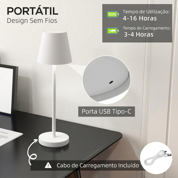 Candeeiro de Mesa com Luzes LED Candeeiro de Mesa Sem Fios Recarregável por USB - C 3 Cores Ø11,2x36,5 cm Branco