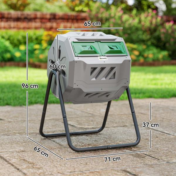 Compostor de Tambor Giratório com Capacidade 160L de Dupla Câmara e Ventilação para Resíduos Orgânicos 71x65x96 cm Cinza e Verde