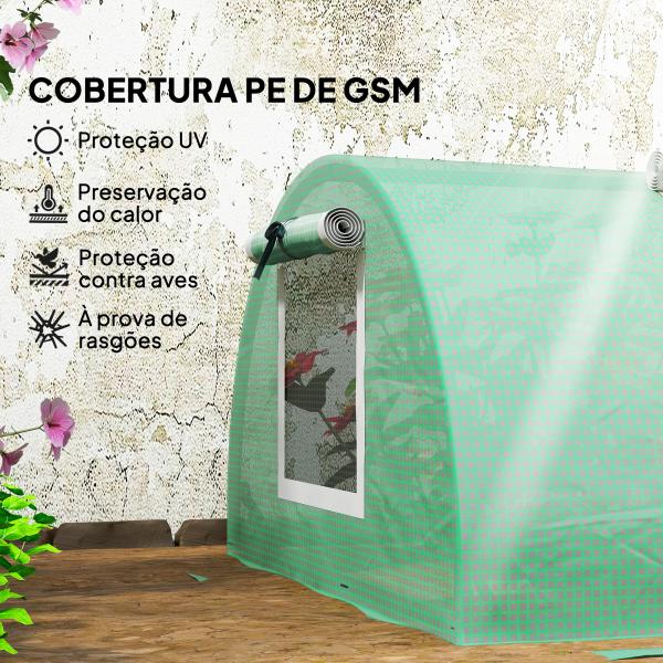 Estufa Pequena para Cultivo de Plantas com 5 Janelas Estrutura em Aço e Cobertura de PE Anti - UV 300x80x45 cm Verde