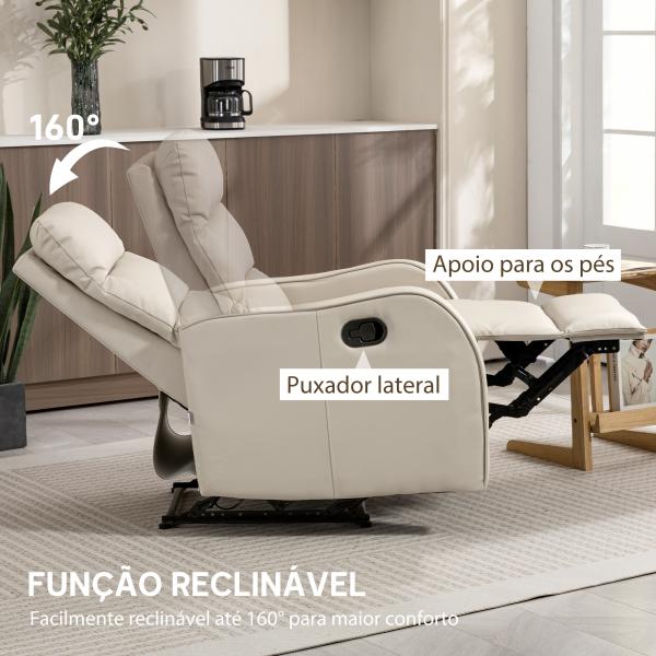 Poltrona Relax Reclinável Manual Revestida em PU com Apoio de Pés Retrátil Poltrona Reclinável até 160º 65x89x100 cm Creme