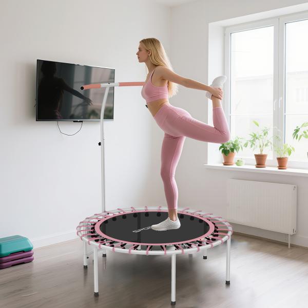 Trampolim de Fitness Adultos Ø102 cm com Pega Ajustável de 5 Níveis Estrutura em Aço para Treino de Pernas Corpo Rosa