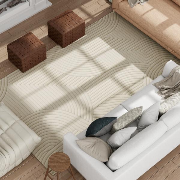 Tapete Sala de Estar 160x120 cm Tapete Pelo Curto Estilo Moderno Base Antiderrapante Tecida à Máquina Creme