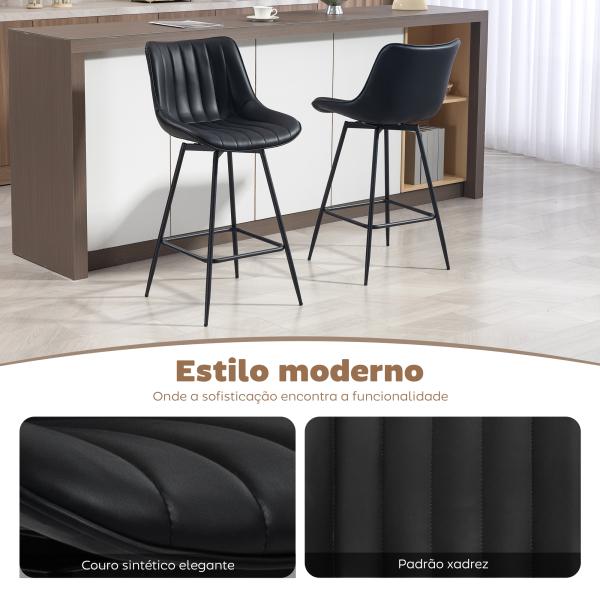 Conjunto de 2 Bancos de Bar Giratórios com Encosto Curvado e Apoio para os Pés Estofados em PU 47x54,5x97,5 cm Preto