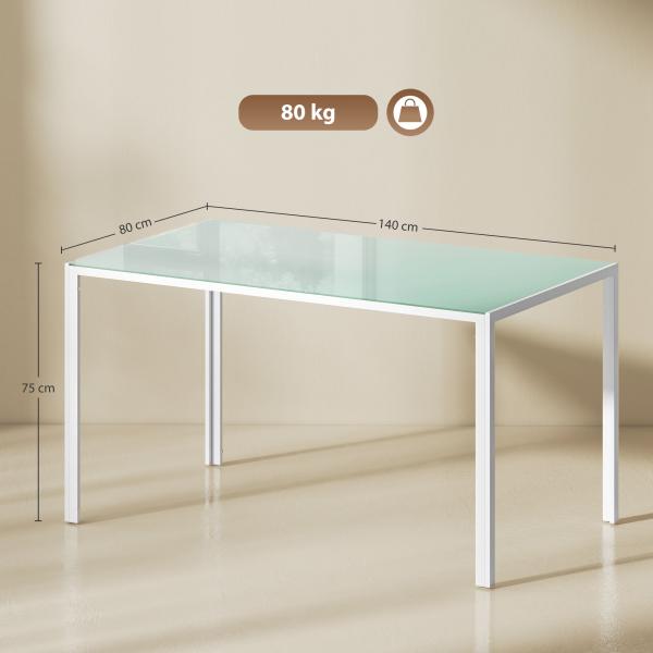 Mesa de Refeição de Vidro Mesa Retangular para 6 Pessoas com Pés de Metal 140x80x75 cm Branco