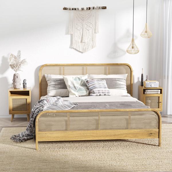 Conjunto de 2 Mesas de Cabeceira com Portas de Vime e Prateleira Aberta Mesa Auxiliar 39x35x60 cm Madeira