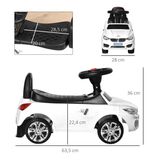 Carro Andador para Crianças de 18 - 36 Meses com Faróis Música Buzina Volante Compartimento de Armazenamento e Alça para Empurrar 63,5x28x36 Branco