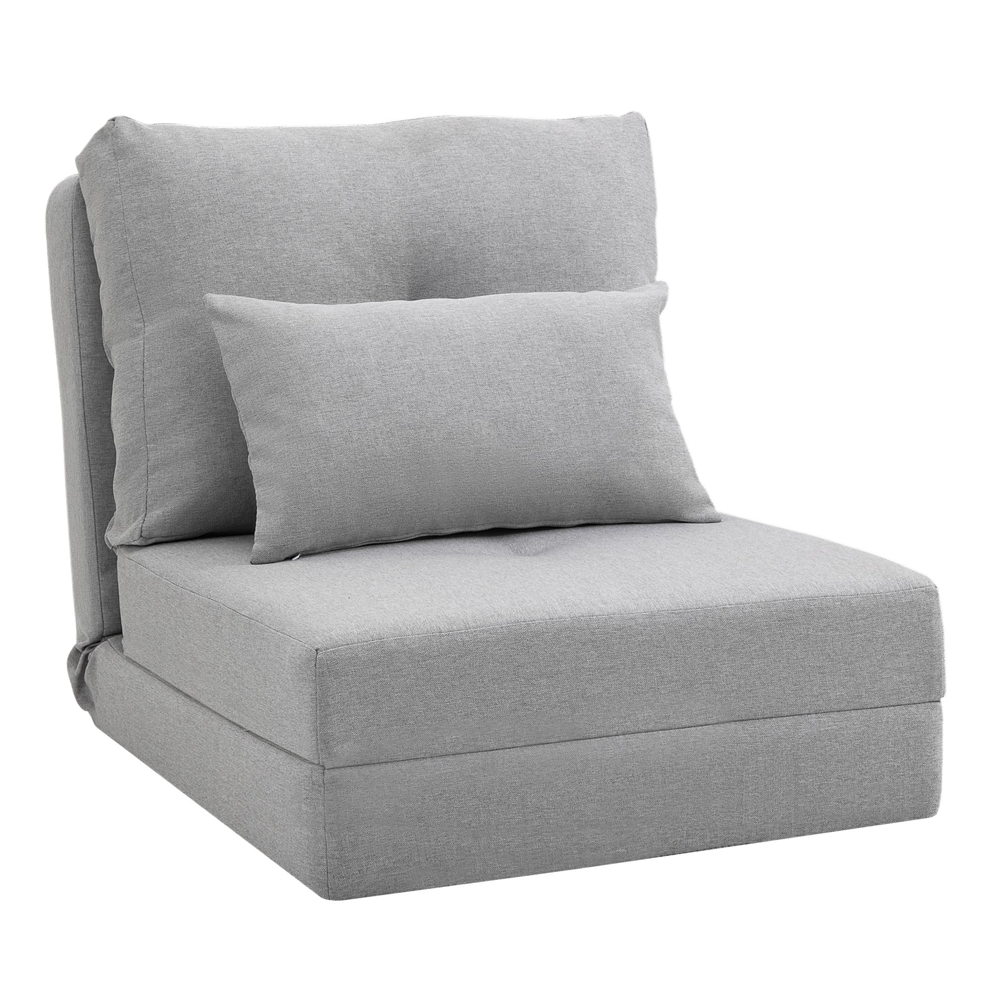 Sofá - Cama Individual Dobrável Revestido em Linho com Encosto Ajustável 5 Posições 1 Almofada Cinzento Claro