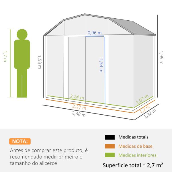 Abrigo de Jardim 2,7 m² 238x132x198,5 cm com Base Prateleiras Ajustáveis 2 Portas e 2 Janelas de Ventilação Cinza Escuro