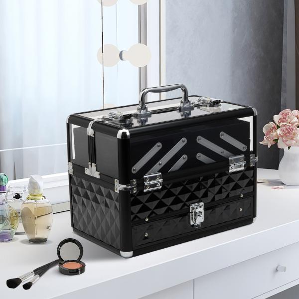 Estojo de Maquilhagem Organizador de Cosméticos Portátil com Múltiplos Níveis Alça e Bandejas 30x18,5x22 cm Preto e Transparente