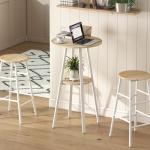 Mesa Alta de Cozinha Redonda com Prateleira de Armazenamento para 2 Pessoas com Estrutura de Metal 55x55x95 cm Madeira e Branco