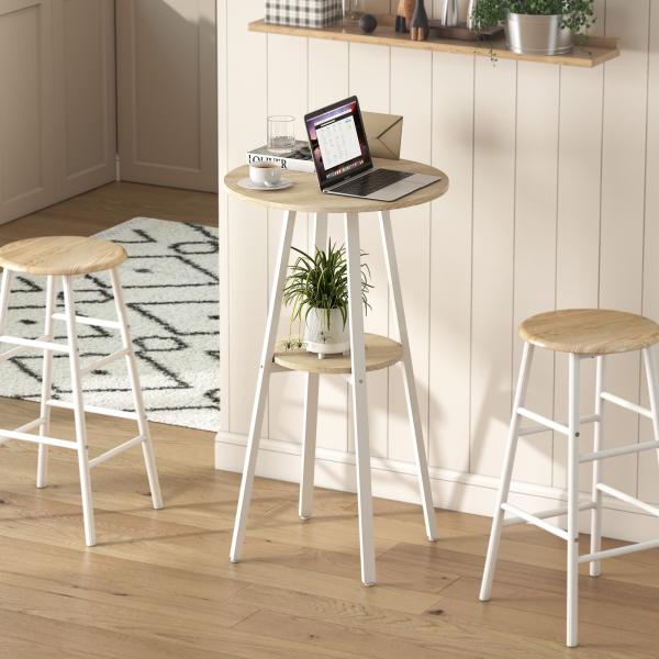 Mesa Alta de Cozinha Redonda com Prateleira de Armazenamento para 2 Pessoas com Estrutura de Metal 55x55x95 cm Madeira e Branco