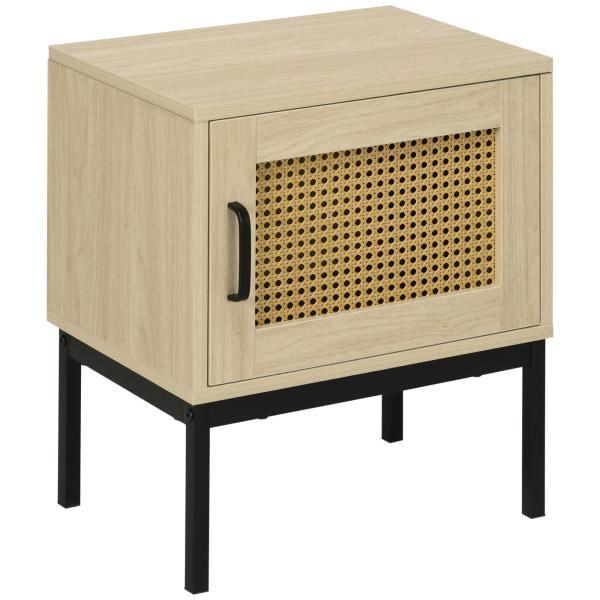 Mesa de Cabeceira com Porta de Vime Estilo Cannage com Pés de Metal 43x30x51 cm Madeira e Preto