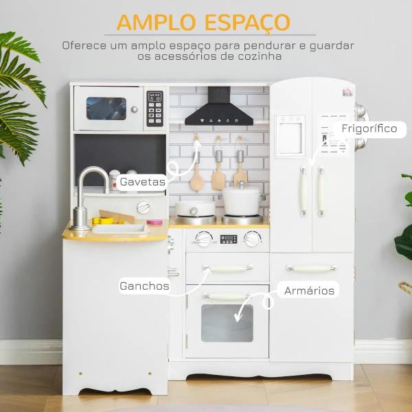 Cozinha Infantil de Madeira para Crianças de 3 - 6 Anos com Sons 14 Acessórios Cozinha Infantil com Telefone Lavatório Microondas e Grifo 82x65x87cm Branco