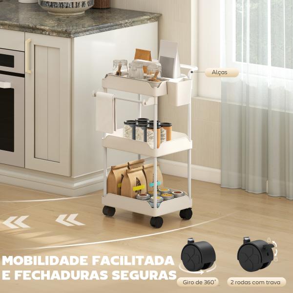 Carrinho Auxiliar com Rodas de 3 Níveis com Cestos Extraíveis Suporte para Toalhas e Estrutura de Metal 42x42,5x76 cm Branco