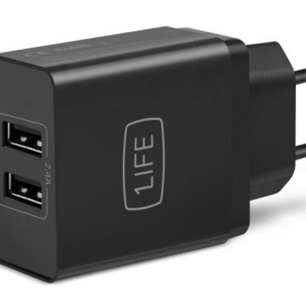 Carregador Dual USB 5V/2.4A Preto - 1LIFE