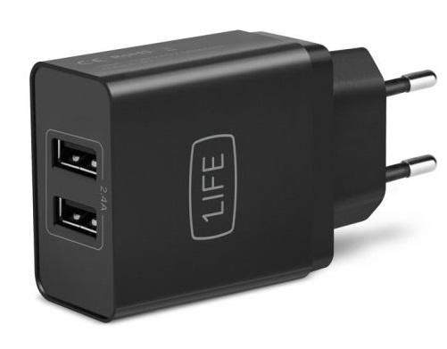 Carregador Dual USB 5V/2.4A Preto - 1LIFE