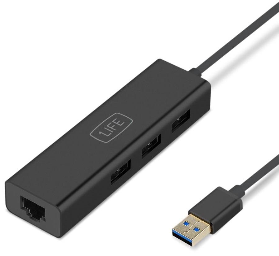 Hub 3x USB 3.0 / 1x RJ45 (Preto) - 1LIFE